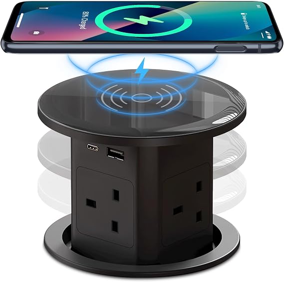Pop Up Socket with 15W Wireless Charging - 4 AC Outlets, 1 USB Port, and 1 x 20W Type-C Port for Kitchen and Workspace, Overload Protection, Safe Power Solution [UK 13A / 110-250V / 2500W] (Black)