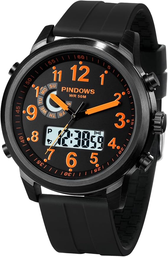 PINDOWS Mens Digital Analog Watch, Multifunction Sport Casual