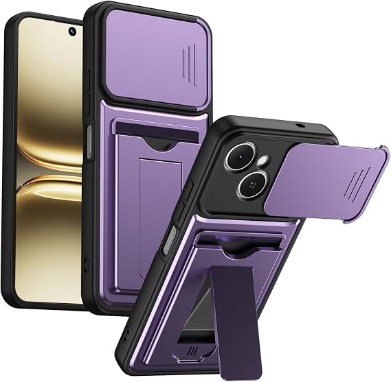 Compatible with Tecno Spark 40C Phone Case, Slide Camera Cover Built-in Card Slot & Foldable Kickstand, Matte Anti-Fingerprint Shockproof Protective Phone Cover.Purple