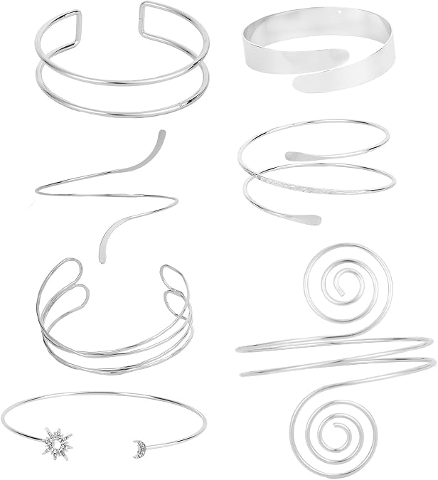 7pcs Upper Arm Cuff Bracelet, Silver Adjustable Arm Band Bangle Minimalist Armlet Jewelry Set for Women