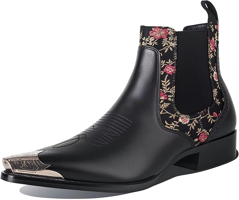 Chelsea Boots Men Floral Jacquard Fabric Silver Toe Cap Slip On Stage Party Fashion Casual Stylish Shoes