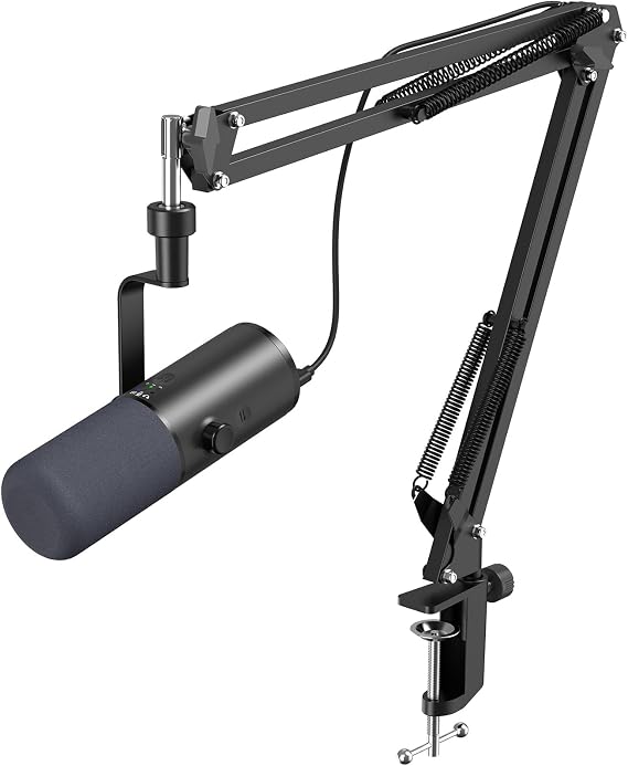 TONOR Dynamic Podcast Microphone for Studio, Cardioid XLR/USB Mic, AI Noise Cancellation, Tap Mute, 3.5mm Headphone Jack for Monitoring, Volume Control, Microfono with Boom Arm, Black, TD510 AIR+H