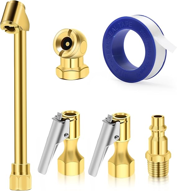 6pcs エアチャックセット、デュアルヘッドエアチャック/ 1/4インチメスnptクローズドボールタイヤチャック/標準オスクイックプラグ/クローズドフローエアチャック/テフロンテープ、高耐久タイヤエアフィルキット