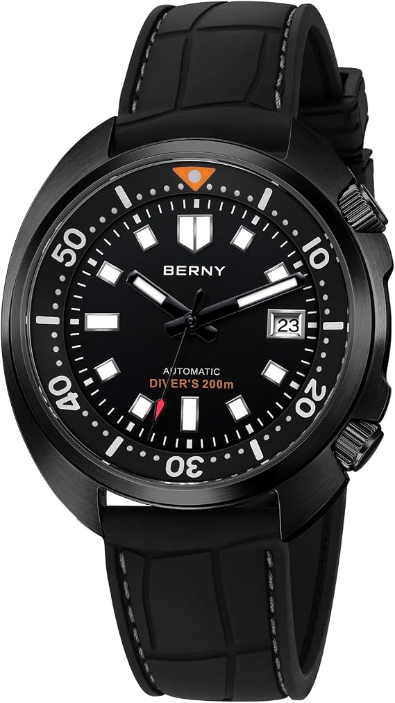 BERNY Automatic Watch for Men All Black Diving Watch 200M Waterproof