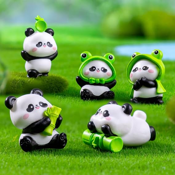 Miniatur Pandas Figure Set,Mini Panda with Bamboo Figurines Ornaments Micro Animal Figures Cute Garten Decoration Landscape Decor Desk Office Home Car Decoration (6 Pcs Pandas)