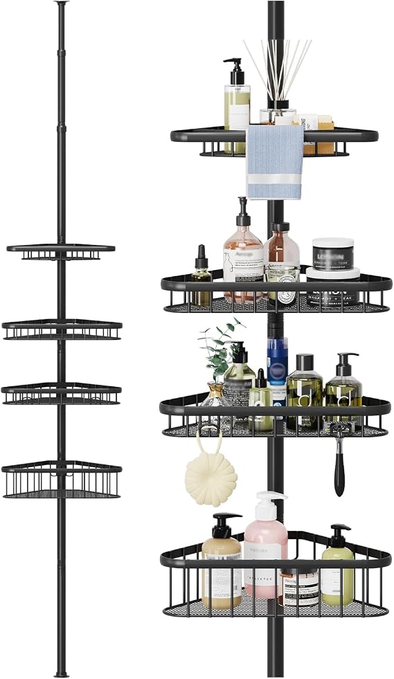 Dripex 4 Tier Shower Caddy, Rust-Proof No Drilling Telescopic Organiser Bathroom Shelves Adjustable Corner Storage Rack with Basket 98CM-287CM (Black)