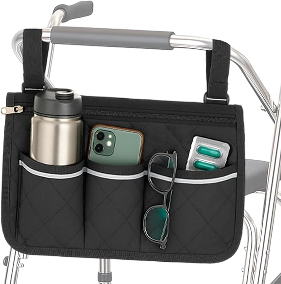 Wheelchair Side Bag Armrest Storage Pouch with Cup Holder and Reflective Straps Adjustable Hook Loop Walker Frame Bags for Most Wheelchairs Walkers Folding Rollators Seniors Mobility Aid Accessory big