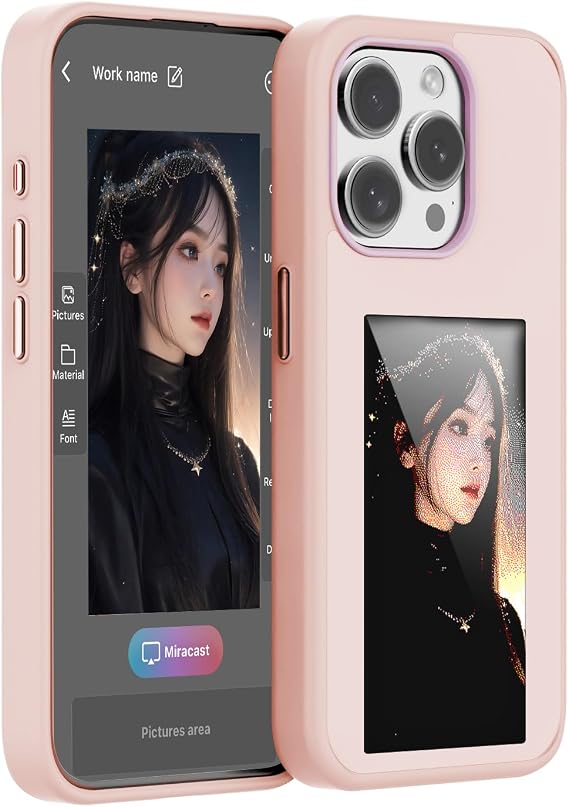 Upgraded 4 Colors e Ink Screen Smart Phone Case Cover Images/Picture/Photo/Text DIY Long Lasting Display Compatible with iPhone 14 Pro Max,NFC Transmission,Pink