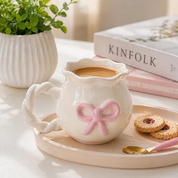 ARVALE DONNA Pembe Fiyonklu Seramik Kupa - 350 ml Kahve ve Çay Kupası