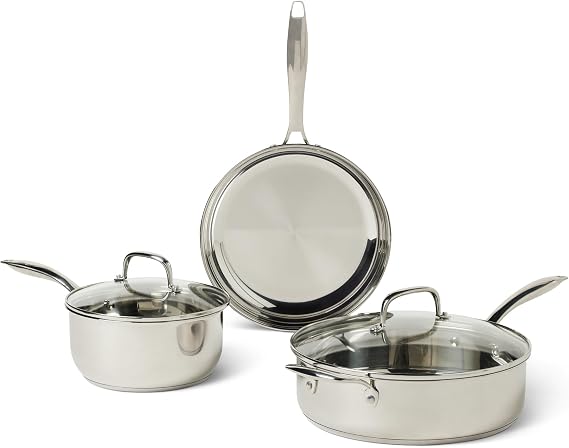 Amazon Basics Stainless Steel Kitchen Utensil Set, 5 Piece Set, Suitable for All Hobs and Dishwashers
