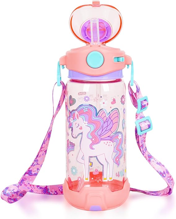 PinkSheep Kids Water Bottle with Straw/Lanyard, 650ml Child Drinking Water Bottle, BPA Free Leak-Proof Locking Flip Lid for Kids Girls Boys School Sport Travel (Unicorn-A)