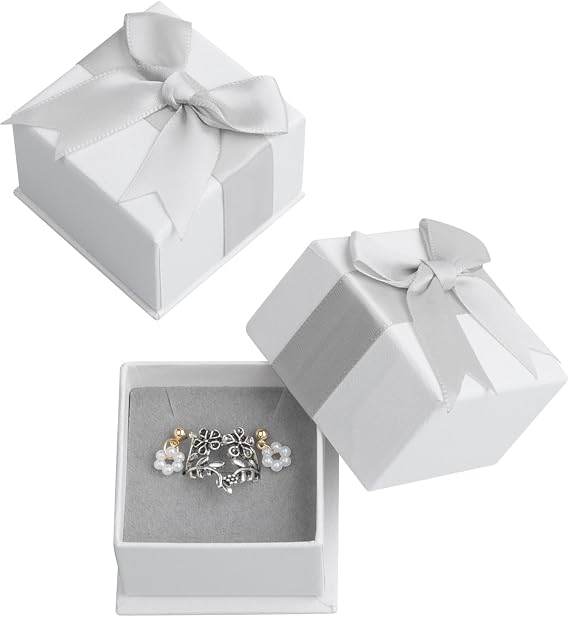 2Pcs Small Gift Box Set for Jewellery - Rings, Earrings, Necklace, Bracelet Storage with Lid and Bow-knot for Anniversaries, Weddings, Birthdays, Christmas (6x6x4cm-Grey)