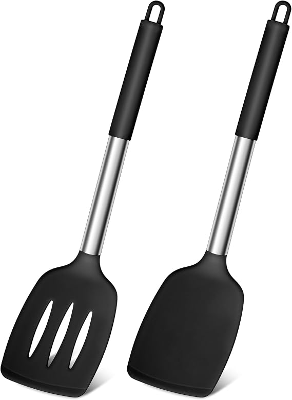 Joyfair Stainless Steel Silicone Spatula Pack of 2, Black | Cooking Turner/Non Stick Kitchen Slotted Utensil Set Ideal for Fish, Eggs, Pancakes, Heat Resistant & Dishwasher Safe