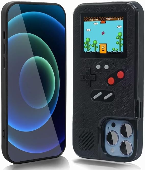 ゲームボーイケース iPhone 14 Plus専用、ハンドヘルドレトロ168クラシックゲーム、iPhone用カラービデオディスプレイゲームケース、iPhone用傷防止耐衝撃電話カバー ブラック