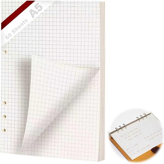 Ring Binder A5 Refillable 60 Sheets Paper A 6 Hole Checked A5 Refill Paper Refillable Refill Paper Refill Inserts for A5 Notebooks Diaries Sketches Agendas Planner