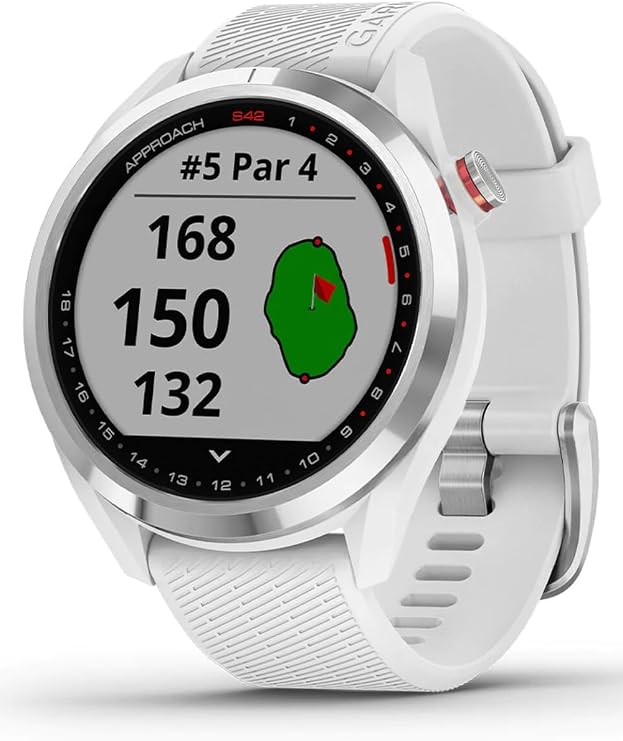 Garmin Approach S42, GPS Golf Smartwatch, Lightweight with 1.2" Touchscreen, 42k+ Preloaded Courses, Silver Ceramic Bezel and White Silicone Band, 010-02572-11