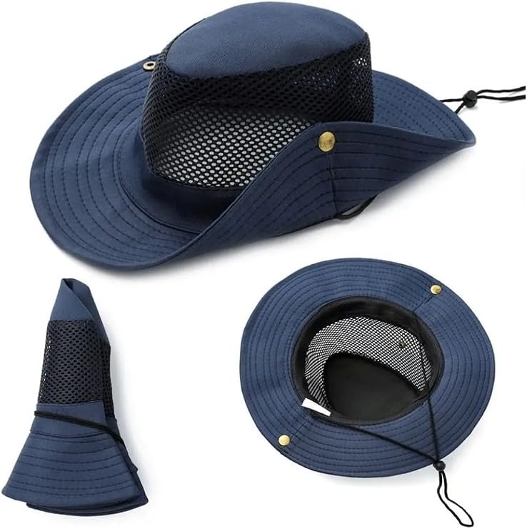 Lacivert Geniş Kenarlı Kovboy Şapkası, Mesh Havalandırmalı, Ayarlanabilir Çene Kordonlu, Outdoor Güneş Koruma