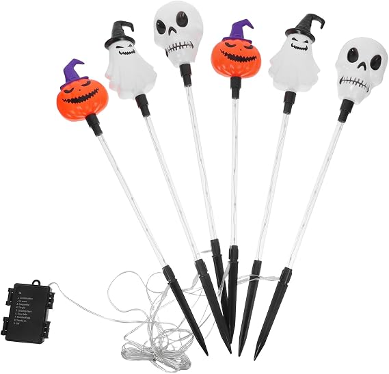 Halloween Outdoor Pumpkin Ghost Skull Stake Lights with 5 LED Heads, Easy Ground Stake Installation, Energy Conserving Yard Pathway Lights for Garden Lawn and Driveway Decoration [Energy Class A]