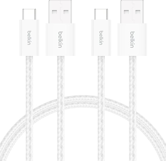 Belkin 2'li Örgülü USB-A - USB-C Kablo, 1,5 m, 15 W, Yumuşak, Esnek ve Hızlı Şarj Kablosu, iPhone 17 ve 16 Serisi, Galaxy S25, Pixel 10, iPad Pro ve Daha Fazlasıyla Uyumlu, Beyaz