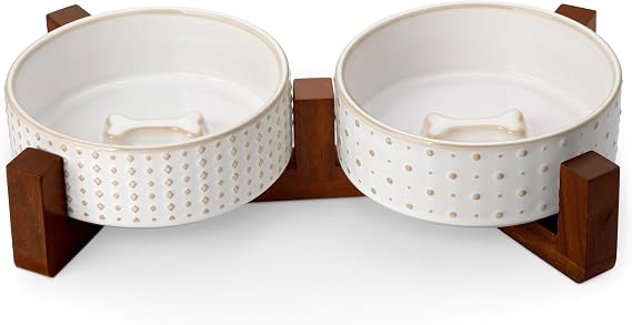MALACASA Dog Bowl Set with Walnut Wood Stand, 1.5 Cup Ceramic Pet Bowl for Puppies, Dual Food & Water Bowl, Weighted Non-Slip Base, Basic Bowl for Dogs and Cats, Diamond & Polka Dots