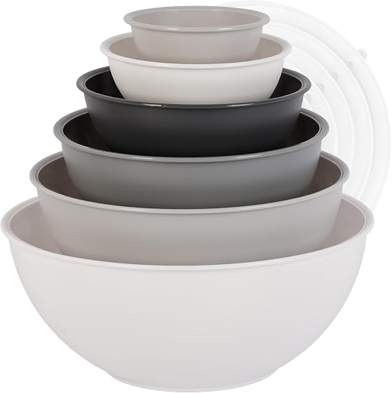 BoxedHome Salad Bowl with Lid 12 Pieces BPA-Free Plastic White Subtle matte surface dishwasher safe stackable bowl set 70% space saving for camping baking and cooking