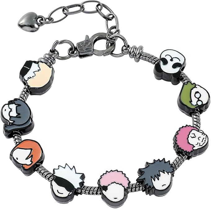 Anime Cartoon JJK Charm Bracelet, Gojo Satoru Sukuna Megumi Nobara Yuji Cute Character Image Link Chain Alloy Enamel Beaded Bracelet, Adjustable Fashion Accessory for Men Women Fans