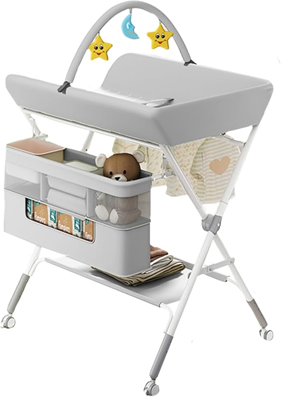 Foldable Baby Changing Table with Adjustable Height Legs&Lockable Wheels