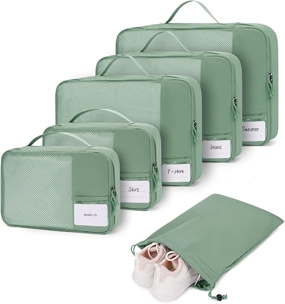 ECOHUB Koffer Organizer Set, 6-teilige Packing Cubes mit ID-Tag, Recycelte Packwürfel für Reisen, Leichte Packtaschen für Koffer, Atmungsaktiver Travel Rucksack Organizer, Patent anhängig (Grün)