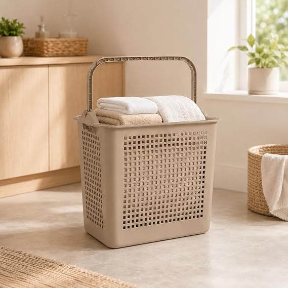 30 Litre Çamaşır Sepeti, Taşıma Kulplu Delikli Plastik Kirli Sepeti, Banyo Çamaşır Odası Yatak Odası ve Dolap Düzeni İçin Pratik Organizer (Bej)