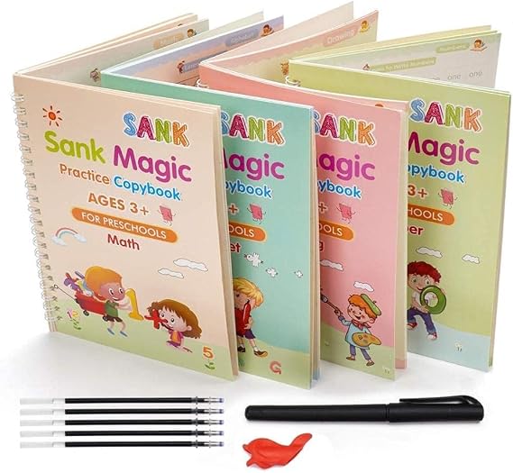Sank Magic Practice Copybook, (4 Books + 10 REFILL+1 Pen +1 Grip) Number Tracing Book for Preschoolers with Pen, Magic Calligraphy Copybook Set Practical Reusable Writing Tool Simple Hand Lettering