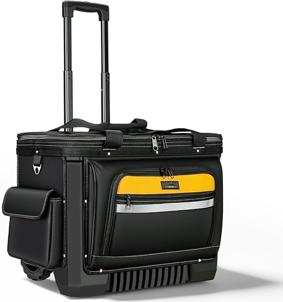 Rolling Tool Bag with Wheels, 22 Inch Heavy Duty Tool Trolley, Telescopic Handle, Wide Mouth Storage Organizer for Construction, Electrician, Mechanic