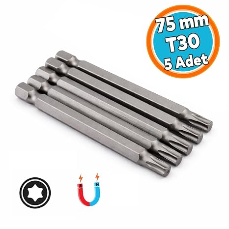 Güçlü Tayvan Çeliği Mıknatıslı Tork Torx Manyetik 1/4" Matkap Ucu 7.5 cm Uzunluk T30 Bits Uç 75 mm