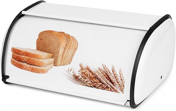 Compact Retro White Bread Bin, Vintage Style Reinforced Metal Bread Box with Smooth Roll Top Lid, Space-Saving Kitchen Counter Organizer for Standard Loaf, 34.5x23x14.5cm