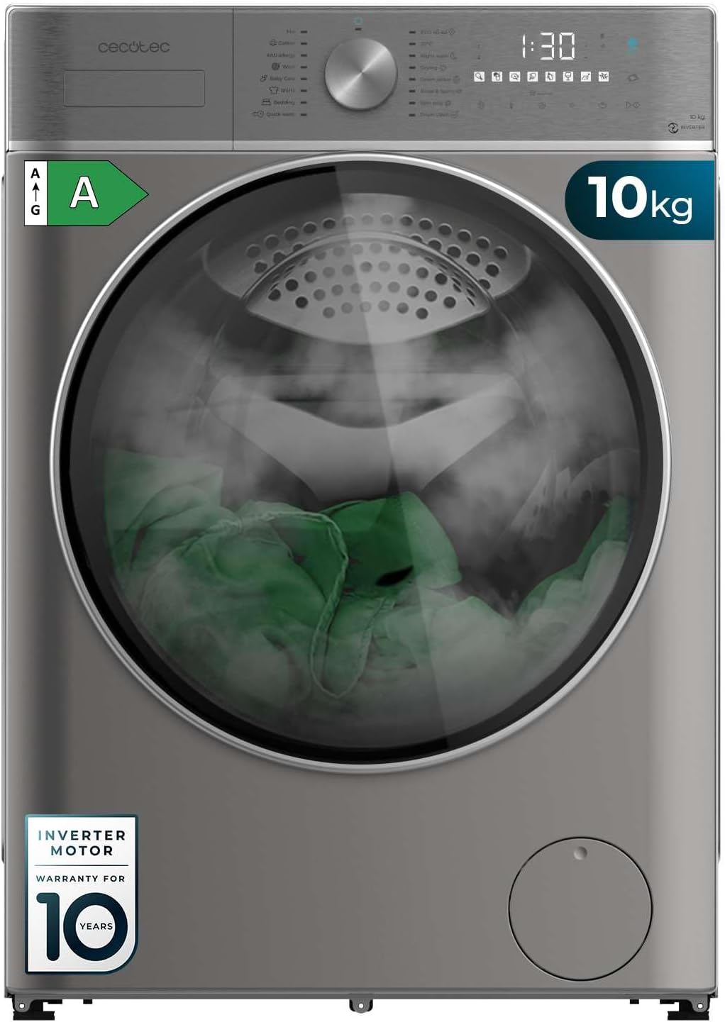 Cecotec Lavadora Secadora 10-6Kg Carga Frontal Bolero Wash&Dry 10680 Inverter Steel A. 1400RPM, 16 Programas, Motor Inverter Plus, SteamMax, OnSmart, Smooth Wash, SpaCare y Goma Antibacteriana [Energy Class A]