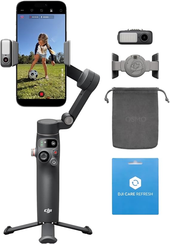 DJI Osmo Mobile 8 + DJI Osmo Mobile 8 Care 2 Year Extended Premium Support Gimbal Stabilizer for Smartphones, Native Tracking & Voice Recording & Lighting, 360° Pan Axis Rotation, Built-In Extension