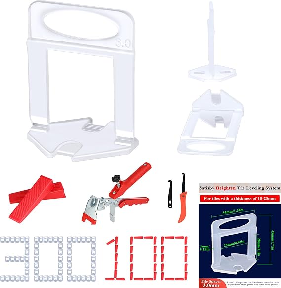 Tile Leveling System for 20mm Thickness,3mm Tile Leveling Spacers | 300PCS 3mm Tile Leveling Spacers,100PCS Resuable Wedges,1PCS Plier and 1Pcs Grout Remover