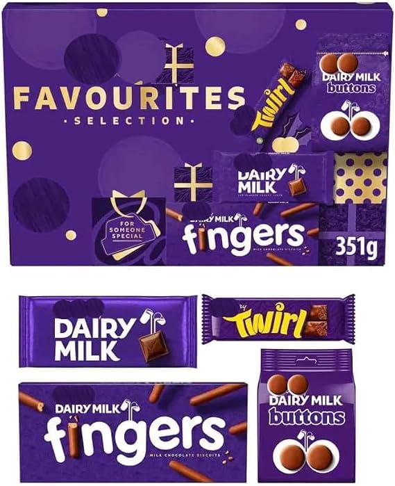 Cadbury Favourites Selection Chocolate Christmas Box - Filled with Assorted Dairy Milk Gift Hamper for Christmas - Dairy Milk, Buttons, Fingers biscuits and Twirl Perfect for Sharing - 351g
