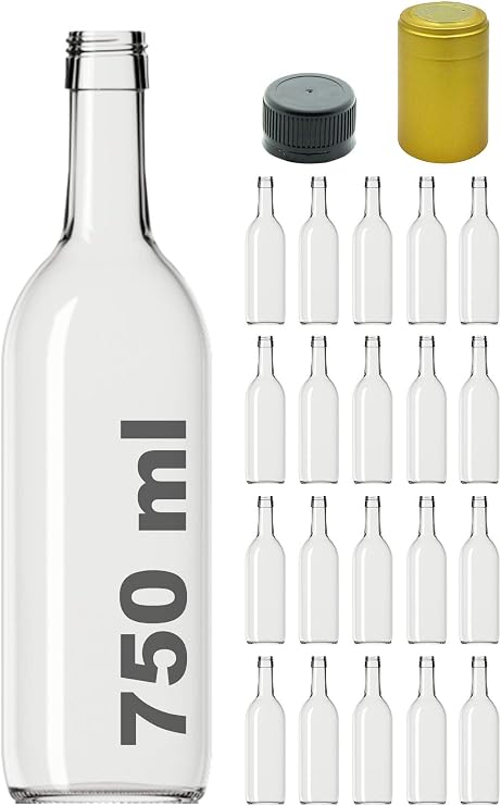 Afracam Standart Şeffaf 750 ml Sızdırmaz Kapaklı ve Kapüşonlu Boş Cam Şişe 20 Adet