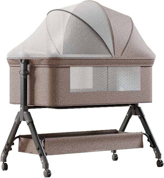Baby Bassinet & Bedside Bassinet Portable Bcking Crib with Wheels for Baby, Mosquito Net & Storage Basket, 6 Height Adjustable, KHAKI (Non-electric-KHAKI)