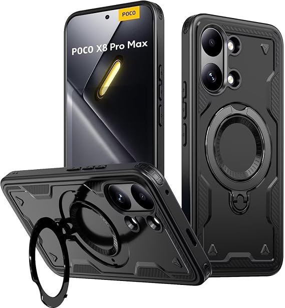 Case for Xiaomi POCO X8 Pro Max (6.83"), Rugged Phone Case with Kickstand and Ring Holder - Black