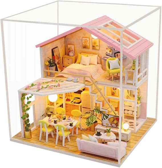 Minyatür Ev Yapma Seti – LED Işıklı Ahşap DIY Maket – Kendin Yap Balkonlu Ev Modeli – Yetişkinler İçin Dekoratif Hediye Seti