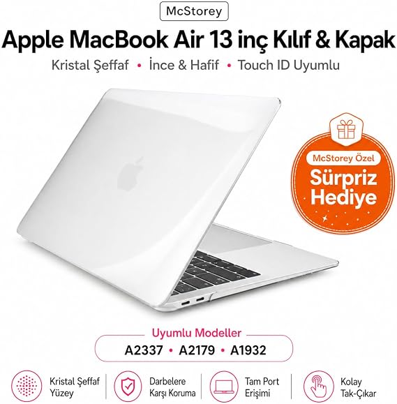 McStorey MacBook Air 13 İnç Kılıf Parlak Kristal Beyaz Düz Desenli Koruyucu Sert Kapak A2337 M1 2020 ve A2179 2020 A1932 2018-2019 Uyumlu İnce Hafif Dizüstü Bilgisayar Kılıfı