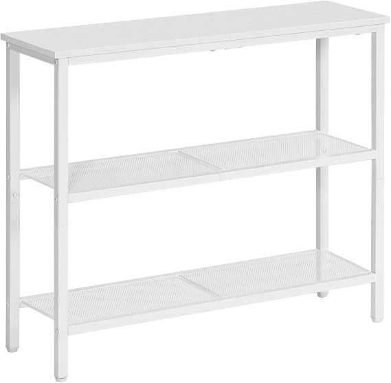 HOOBRO Console Table for Hallway Slim, 3-Tier Narrow Console Table, Hallway Table with 3 Shelves, Slim Sofa Table for Small Spaces, Living Room, Metal Mesh Frame, White EWW73XG01