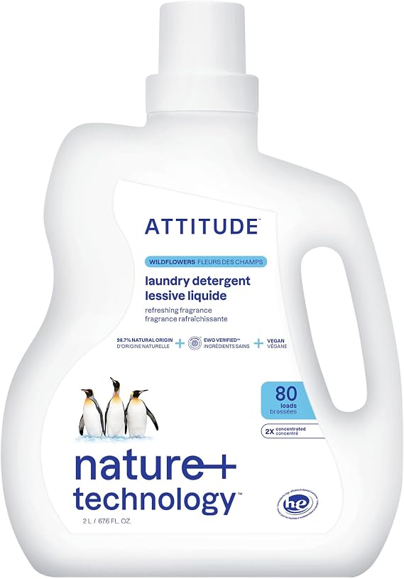 ATTITUDE Liquid Laundry Detergent, EWG Verified, HE Compatible, Plant-Based & Vegan, Natural Laundry Soap, Wildflowers Scent, 80 Loads, 2 Liters