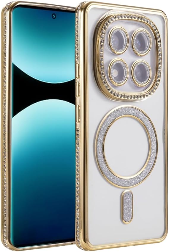 UnDePlus Xiaomi Redmi Note 15 Pro Plus 5G ile uyumlu Kılıf M-Safe Şarj Uyumlu Simli Kamera Kenar Taşlı Kapak Joke Gold