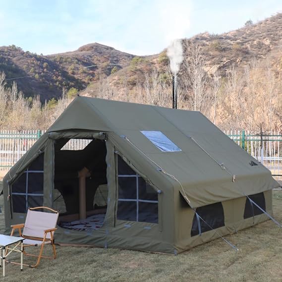 Inflatable Tents with Pump,2-4 Person Blow Up Tent with Stove Jack Hole,4 Season Large Pop-Up Tents,Easy Setup