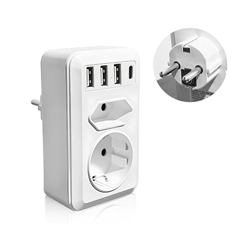 Double Plug for Socket 7-in-1 Multiple Socket with 1 Schuko Plug Multiple Plug for Socket 3 USB A 1 USB C Multiple Plug for Socket with Switch