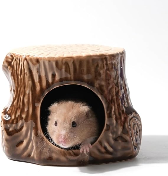 Ceramic Hamster Hideout, Strawberry Hamster House and Habitat, Syrian Hamster Hideout Decor Cool Bed for All Season Gerbil, Mice Guinea Pig (Brown, Wood)