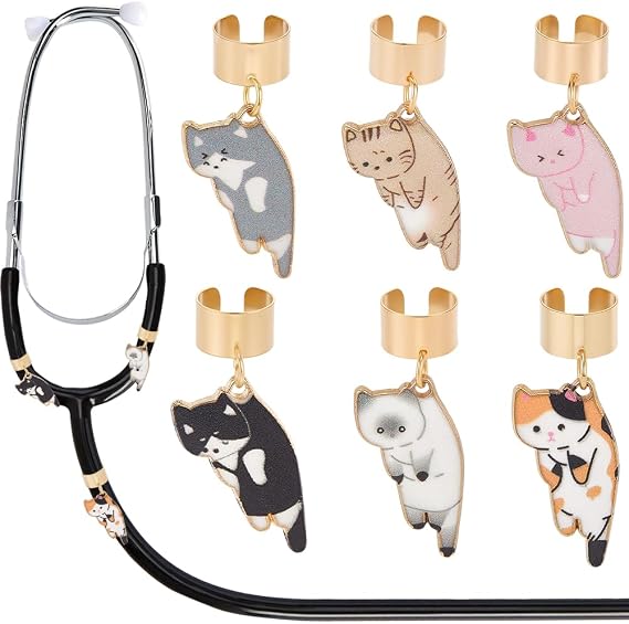 6Pcs 6 Styles Cat Stethoscope Charms Stethoscope Name Tag ID Cute Alloy Enamel Kitty Animal Mixed Color Pendants Custom Name Tags Decoration for Nurses Doctor Healthcare Workers Supplies Gift