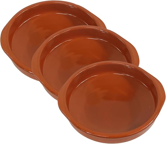 Fackelmann Set of 3 Rustic Ceramic Casseroles, Refractory Clay Pots, Suitable for Gas and Electric Cookers, Microwave and Oven, Natural Colour, 20 cm Diameter, 5 cm Rim, 3 Units